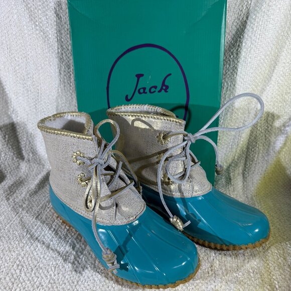 Jack Rogers Chloe Duck Boots 9M Caribbean Blue/Gold NIB Rare 2017 - Picture 1 of 7